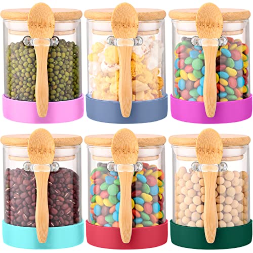 6 Pcs 17 oz Airtight Glass Jars with Bamboo Lids, Spoons and 6 Silicone Bottom Rings, Sealed Glass Container Clear Food Storage Canister for Candy Cookie Rice Sugar Flour Tea Nuts Coffee Beans