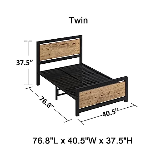 4 EVER WINNER Twin Bed Frames with Wood Headboard, Twin Platform Bed Frame with Heavy Duty Steel Slat Support, Twin Bed Frame for Kids, No Box Spring Needed, Mattress Foundation, Easy Assembly, Black