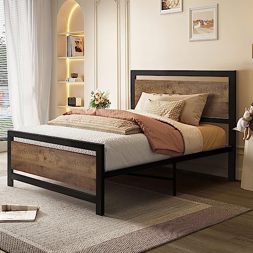 4 EVER WINNER Twin Bed Frames with Wood Headboard, Twin Platform Bed Frame with Heavy Duty Steel Slat Support, Twin Bed Frame for Kids, No Box Spring Needed, Mattress Foundation, Easy Assembly, Black