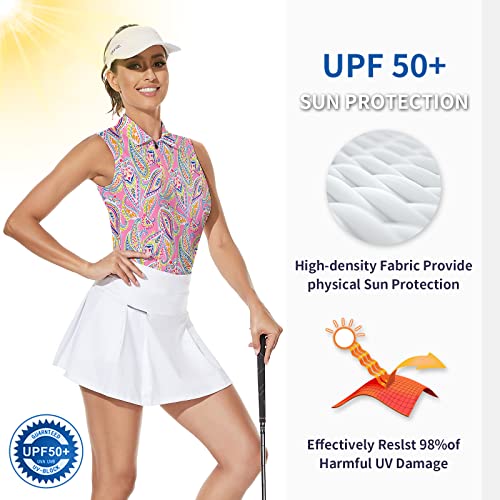 Soneven Women's Golf Shirts Sleeveless Floral Athletic Polo Shirts Moisture Wicking Tennis Shirts Paisley