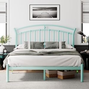 ipormis queen size metal platform bed frame with vintage headboard/heavy duty steel slats support / 12 inches under-bed storage/no box spring needed/easy assembly/noise-free, mint green