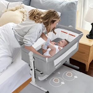 mmbaby 3 in 1 travel bedside bassinet for baby, bedside sleeper with wheels, heigt adjustable, with mosquito nets.easy to assemble bassinet for newborn/infant,safe portable baby bed