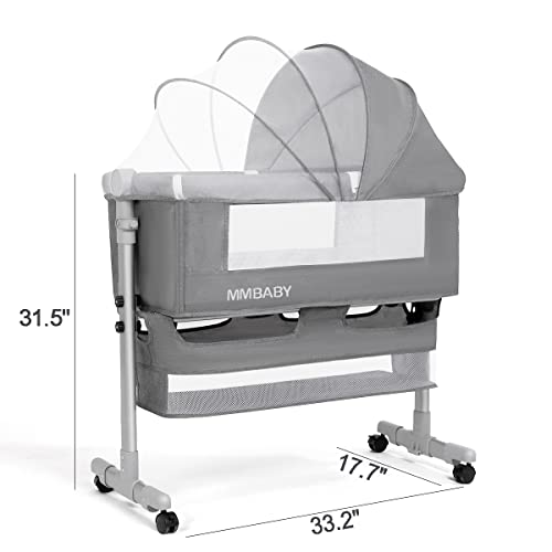 MMBABY 3 in 1 Travel Bedside Bassinet for Baby, Bedside Sleeper with Wheels, Heigt Adjustable, with Mosquito Nets.Easy to Assemble Bassinet for Newborn/Infant,Safe Portable Baby Bed