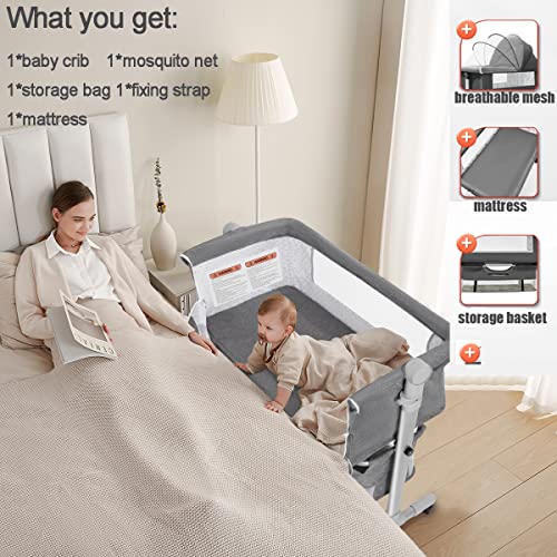 MMBABY 3 in 1 Travel Bedside Bassinet for Baby, Bedside Sleeper with Wheels, Heigt Adjustable, with Mosquito Nets.Easy to Assemble Bassinet for Newborn/Infant,Safe Portable Baby Bed