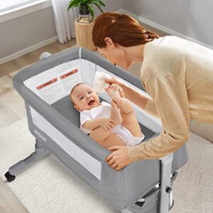 MMBABY 3 in 1 Travel Bedside Bassinet for Baby, Bedside Sleeper with Wheels, Heigt Adjustable, with Mosquito Nets.Easy to Assemble Bassinet for Newborn/Infant,Safe Portable Baby Bed