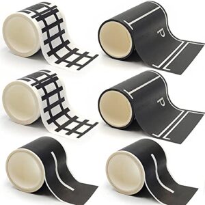 play road tape for toy cars trains 6-pack black car track tape, parking spot stick to floors and table flat surface,no residue, for kids gift (tape6)