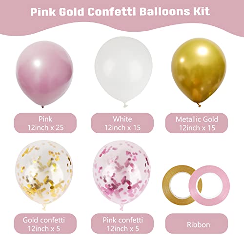 RUBFAC 65pcs 12 inch Pink Gold Confetti Balloons Kit, Pink White Gold Party Balloons with Ribbons for Birthday, Wedding, Baby Shower, Graduation Decorations