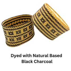 Bamboo Sticky Rice Serving Basket 6 x 3.7 Inch, Kratip, Intricately Woven Container, Oval-Shaped Pattern, Thailand Handmade, Dyed with Natural Based Black Charcoal (Mini Heart) (Central)