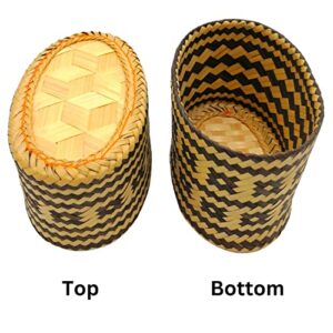 Bamboo Sticky Rice Serving Basket 6 x 3.7 Inch, Kratip, Intricately Woven Container, Oval-Shaped Pattern, Thailand Handmade, Dyed with Natural Based Black Charcoal (Mini Heart) (Central)