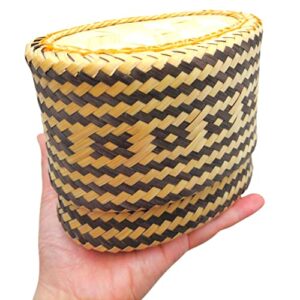 Bamboo Sticky Rice Serving Basket 6 x 3.7 Inch, Kratip, Intricately Woven Container, Oval-Shaped Pattern, Thailand Handmade, Dyed with Natural Based Black Charcoal (Mini Heart) (Central)