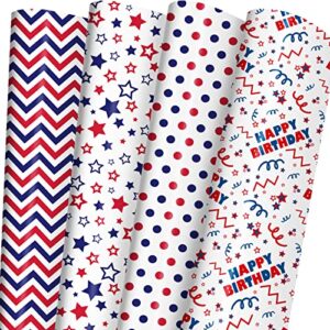 zintbial birthday wrapping paper for kids adults - gift wrap with american theme stars, stripes, chevron and "happy birthday" design - 20 x 29 inches per sheet (8 sheets 33 sq. ft.) recyclable, easy to store, not rolled