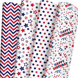 ZINTBIAL Birthday Wrapping Paper for Kids Adults - Gift Wrap with American Theme Stars, Stripes, Chevron and "Happy Birthday" Design - 20 x 29 Inches per Sheet (8 Sheets 33 sq. ft.) Recyclable, Easy to Store, Not Rolled