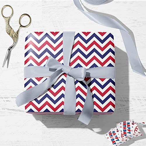 ZINTBIAL Birthday Wrapping Paper for Kids Adults - Gift Wrap with American Theme Stars, Stripes, Chevron and "Happy Birthday" Design - 20 x 29 Inches per Sheet (8 Sheets 33 sq. ft.) Recyclable, Easy to Store, Not Rolled
