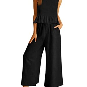 AUTOMET Two Piece Outfits for Women Cruise Resort Wear 2023 Summer Vacation Sleeveless Linen Crop Tank Top Casual Matching Lounge Sets Tracksuits Long Pants Dressy Jumpsuits