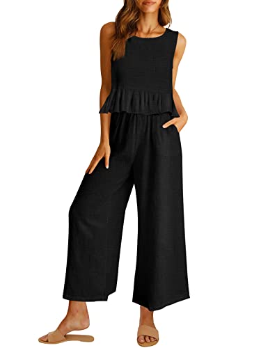 AUTOMET Two Piece Outfits for Women Cruise Resort Wear 2023 Summer Vacation Sleeveless Linen Crop Tank Top Casual Matching Lounge Sets Tracksuits Long Pants Dressy Jumpsuits