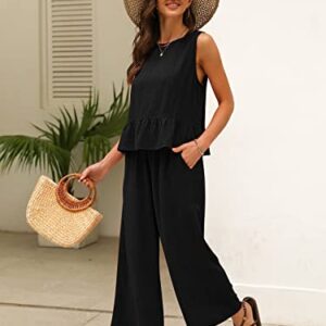 AUTOMET Two Piece Outfits for Women Cruise Resort Wear 2023 Summer Vacation Sleeveless Linen Crop Tank Top Casual Matching Lounge Sets Tracksuits Long Pants Dressy Jumpsuits