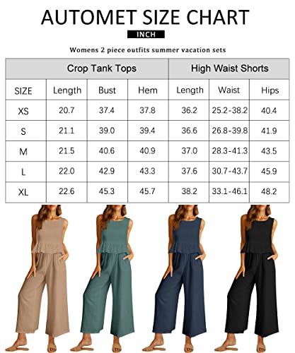 AUTOMET Two Piece Outfits for Women Fall Teacher Outfits 2023 Summer Vacation Beach Sleeveless Linen Crop Tank Top Casual Lounge Sets Comfy Tracksuits Long Pants Dressy Trendy Clothes