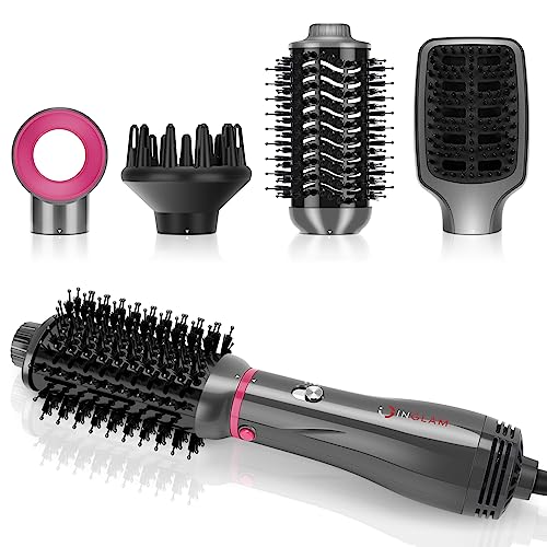 Hair Dryer Brush Set, IG INGLAM 4 in 1 Hot Air Brush, Negative Ion Detachable Hair Dryer & Styler Volumizer Blow Dryer Brush with 2 Styling Brush Heads, Updated Push Switch, Gray