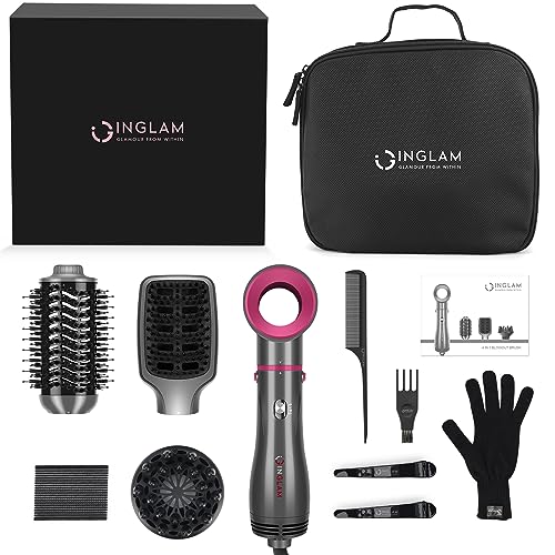 Hair Dryer Brush Set, IG INGLAM 4 in 1 Hot Air Brush, Negative Ion Detachable Hair Dryer & Styler Volumizer Blow Dryer Brush with 2 Styling Brush Heads, Updated Push Switch, Gray