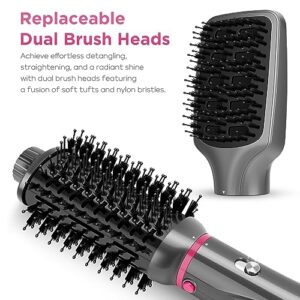 Hair Dryer Brush Set, IG INGLAM 4 in 1 Hot Air Brush, Negative Ion Detachable Hair Dryer & Styler Volumizer Blow Dryer Brush with 2 Styling Brush Heads, Updated Push Switch, Gray