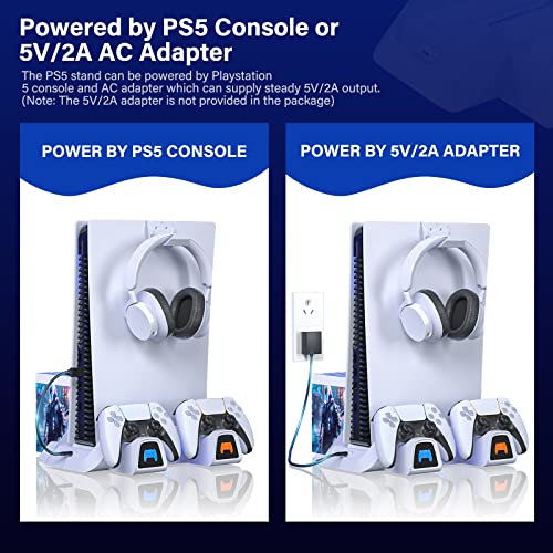 PS5 Stand and Cooling Station with Dual PS5 Controller Charging Station for Playstation 5 PS5 Console Disc/Digital Edition, PS5 Accessories, Cooling Fan, Headset Holder, 11 Game Slots, White