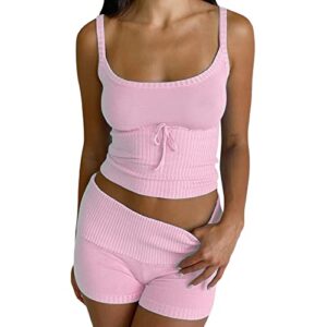 Yuemengxuan Women 2Pcs Knitted Outfits Set Sleeveless Solid Color Knitwear Crop Top Cami Top High Waist Skinny Shorts Set (Pink-B, M)