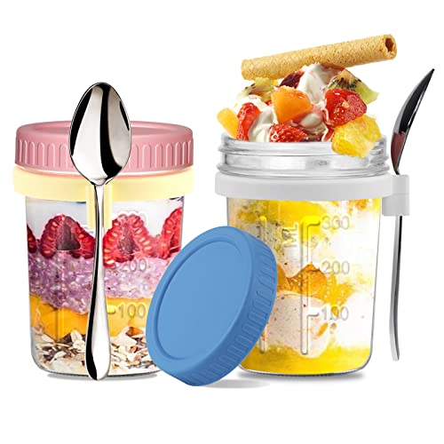 2 PACK Overnight Oats Containers with Lids and Spoon, 12 fl oz (350ml) Overnight Oats Jars, Glass Meal Prep Containers Mason Jars for Overnight Oats, Oatmeal Container Wide Mouth Large Capacity