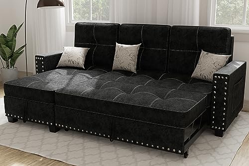 Ucloveria Reversible Sectional Sofa Couch, Sleeper Sofa Bed with Storage Chaise Pull Out Couch Bed for Living Room L-Shape Lounge 2 in 1 Sectional Couch with Pull Out Bed Black