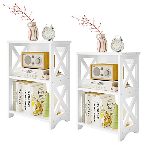 Fixwal 2 Pack End Table Side Table 3 Tier Bedside Nightstand, Small Bookshelf Bookcase, Display Rack for Bathroom, Bedroom and Living Room, White