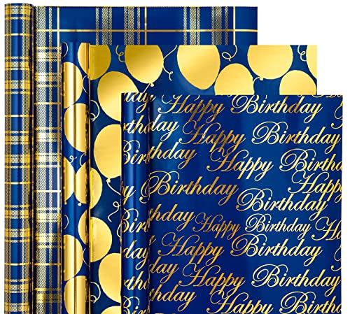 WRAPAHOLIC Birthday Wrapping Paper Roll - Mini Roll - 3 Rolls - 17 inch X 120 inch Per roll - Blue and Gold Foil Design for Party, Holiday, Baby Shower