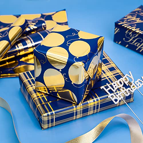 WRAPAHOLIC Birthday Wrapping Paper Roll - Mini Roll - 3 Rolls - 17 inch X 120 inch Per roll - Blue and Gold Foil Design for Party, Holiday, Baby Shower