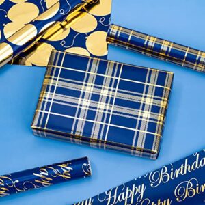 WRAPAHOLIC Birthday Wrapping Paper Roll - Mini Roll - 3 Rolls - 17 inch X 120 inch Per roll - Blue and Gold Foil Design for Party, Holiday, Baby Shower