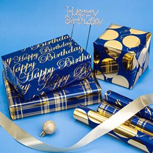 WRAPAHOLIC Birthday Wrapping Paper Roll - Mini Roll - 3 Rolls - 17 inch X 120 inch Per roll - Blue and Gold Foil Design for Party, Holiday, Baby Shower