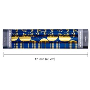 WRAPAHOLIC Birthday Wrapping Paper Roll - Mini Roll - 3 Rolls - 17 inch X 120 inch Per roll - Blue and Gold Foil Design for Party, Holiday, Baby Shower