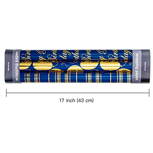 WRAPAHOLIC Birthday Wrapping Paper Roll - Mini Roll - 3 Rolls - 17 inch X 120 inch Per roll - Blue and Gold Foil Design for Party, Holiday, Baby Shower