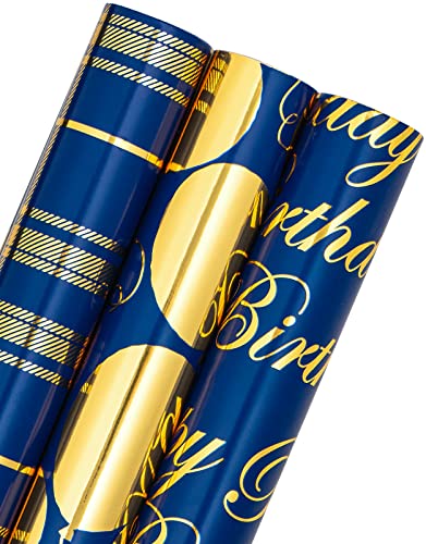 WRAPAHOLIC Birthday Wrapping Paper Roll - Mini Roll - 3 Rolls - 17 inch X 120 inch Per roll - Blue and Gold Foil Design for Party, Holiday, Baby Shower