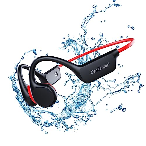 GenXenon Bone Conduction Headphones Bluetooth 5.3 Open Ear Wireless Running IPX8 Waterproof Underwater Swimming with Mic Built-in 32G MP3 for Workout(Black-red), X7-Blackred, X7-Swim-blackred