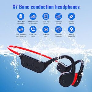 GenXenon Bone Conduction Headphones Bluetooth 5.3 Open Ear Wireless Running IPX8 Waterproof Underwater Swimming with Mic Built-in 32G MP3 for Workout(Black-red), X7-Blackred, X7-Swim-blackred