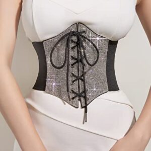 Verdusa Women's Rhinestone Corset Waist Belt Waistband Elastic Retro Wide Belt Black M