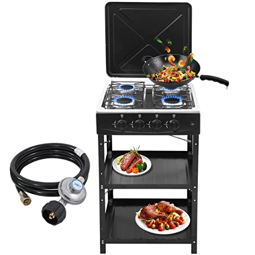 forimo Propane Gas Stove 4 Burner Propane Burner with Support Leg Stand and Wind Blocking Cover Adapter Portable Gas Stove Auto Ignition Camping Stove 4 Burner LPG for RV, Apartment, Outdoor Cooking