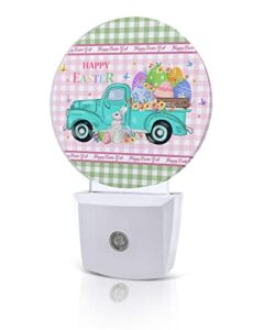 spring easter round night lights plug into wall, dusk to dawn sensor, pink green plaid truck bunny colorful eggs led night light for kids room, bedroom, bathroom, nursery, hallway, stairs