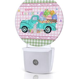 Spring Easter Round Night Lights Plug into Wall, Dusk to Dawn Sensor, Pink Green Plaid Truck Bunny Colorful Eggs LED Night Light for Kids Room, Bedroom, Bathroom, Nursery, Hallway, Stairs