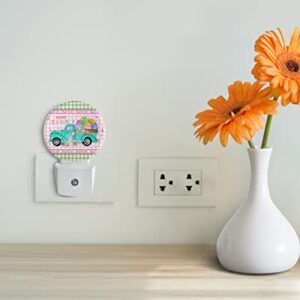 Spring Easter Round Night Lights Plug into Wall, Dusk to Dawn Sensor, Pink Green Plaid Truck Bunny Colorful Eggs LED Night Light for Kids Room, Bedroom, Bathroom, Nursery, Hallway, Stairs