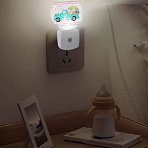 Spring Easter Round Night Lights Plug into Wall, Dusk to Dawn Sensor, Pink Green Plaid Truck Bunny Colorful Eggs LED Night Light for Kids Room, Bedroom, Bathroom, Nursery, Hallway, Stairs