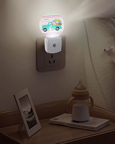 Spring Easter Round Night Lights Plug into Wall, Dusk to Dawn Sensor, Pink Green Plaid Truck Bunny Colorful Eggs LED Night Light for Kids Room, Bedroom, Bathroom, Nursery, Hallway, Stairs