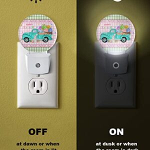 Spring Easter Round Night Lights Plug into Wall, Dusk to Dawn Sensor, Pink Green Plaid Truck Bunny Colorful Eggs LED Night Light for Kids Room, Bedroom, Bathroom, Nursery, Hallway, Stairs