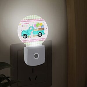 Spring Easter Round Night Lights Plug into Wall, Dusk to Dawn Sensor, Pink Green Plaid Truck Bunny Colorful Eggs LED Night Light for Kids Room, Bedroom, Bathroom, Nursery, Hallway, Stairs