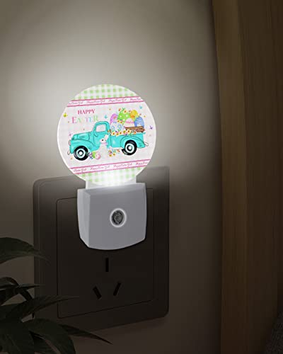 Spring Easter Round Night Lights Plug into Wall, Dusk to Dawn Sensor, Pink Green Plaid Truck Bunny Colorful Eggs LED Night Light for Kids Room, Bedroom, Bathroom, Nursery, Hallway, Stairs