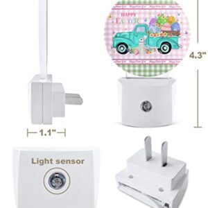 Spring Easter Round Night Lights Plug into Wall, Dusk to Dawn Sensor, Pink Green Plaid Truck Bunny Colorful Eggs LED Night Light for Kids Room, Bedroom, Bathroom, Nursery, Hallway, Stairs