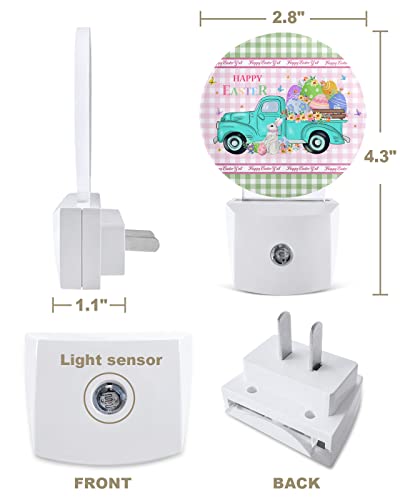 Spring Easter Round Night Lights Plug into Wall, Dusk to Dawn Sensor, Pink Green Plaid Truck Bunny Colorful Eggs LED Night Light for Kids Room, Bedroom, Bathroom, Nursery, Hallway, Stairs